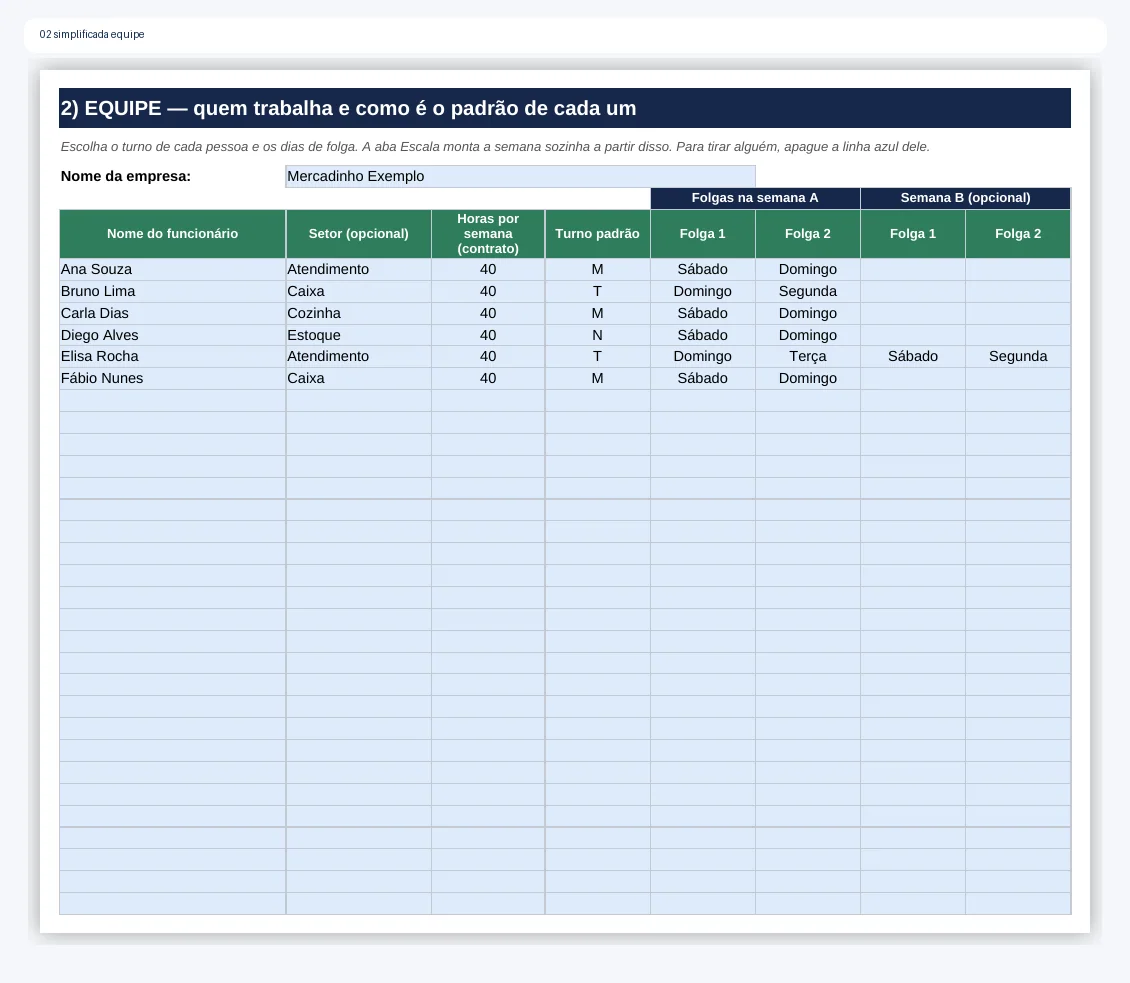 Planilha simplificada equipe