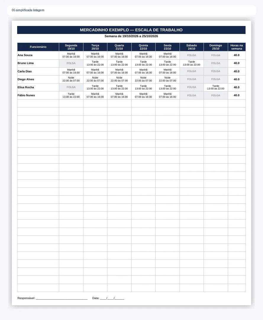 Planilha simplificada listagem
