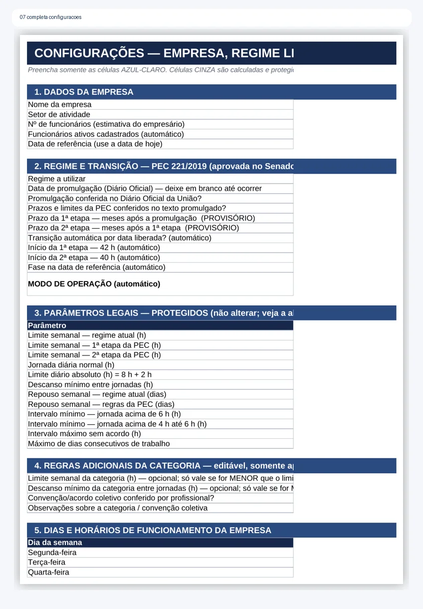 Planilha completa configuracoes